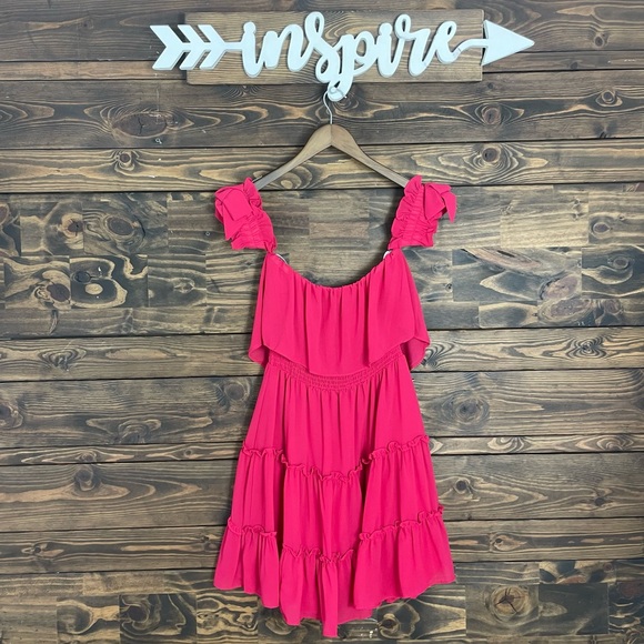 Lulus | Off Shoulder Tiered Ruffle Babydoll Mini Dress Hot‎ Pink Bow Tie Sleeves - Picture 10 of 12
